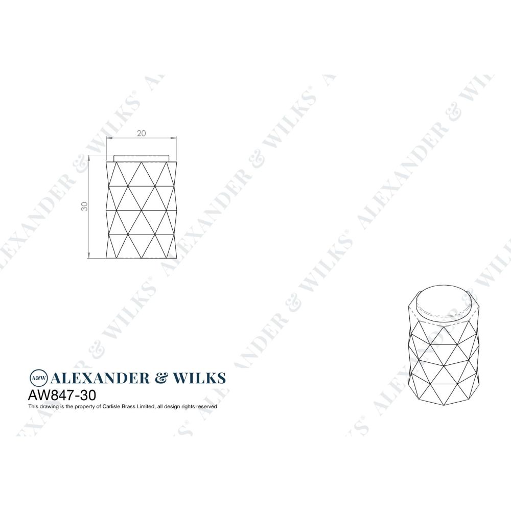 Line technical drawing image of Alexander & Wilks - DIAMOND CUT CYLINDER CABINET KNOB - 30MM - Satin Nickel | Sku. aw847-30-sn | Trade Door Handles.