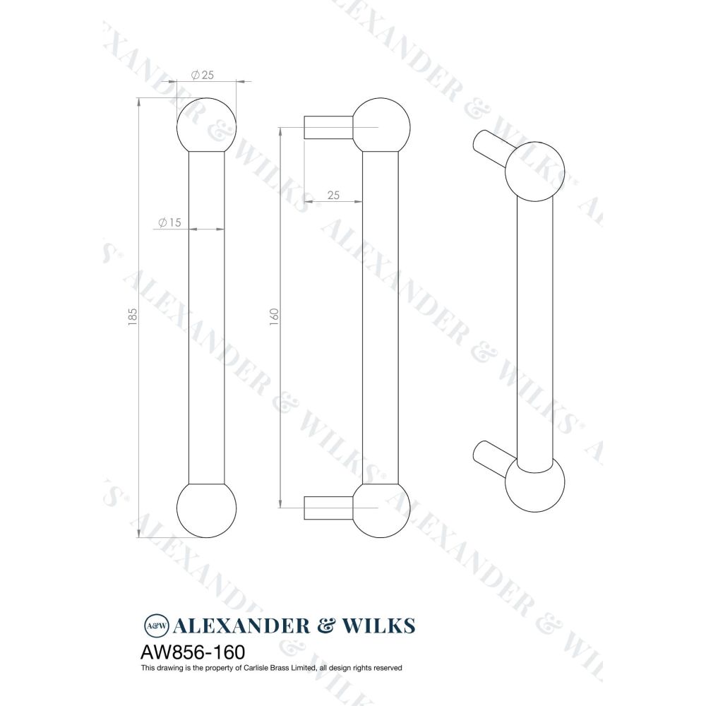 Line technical drawing image of Alexander & Wilks Caesar Cabinet Pull Handle-Antique Brass-160mm Centres | Sku. AW856-160-AB | Trade Door Handles.