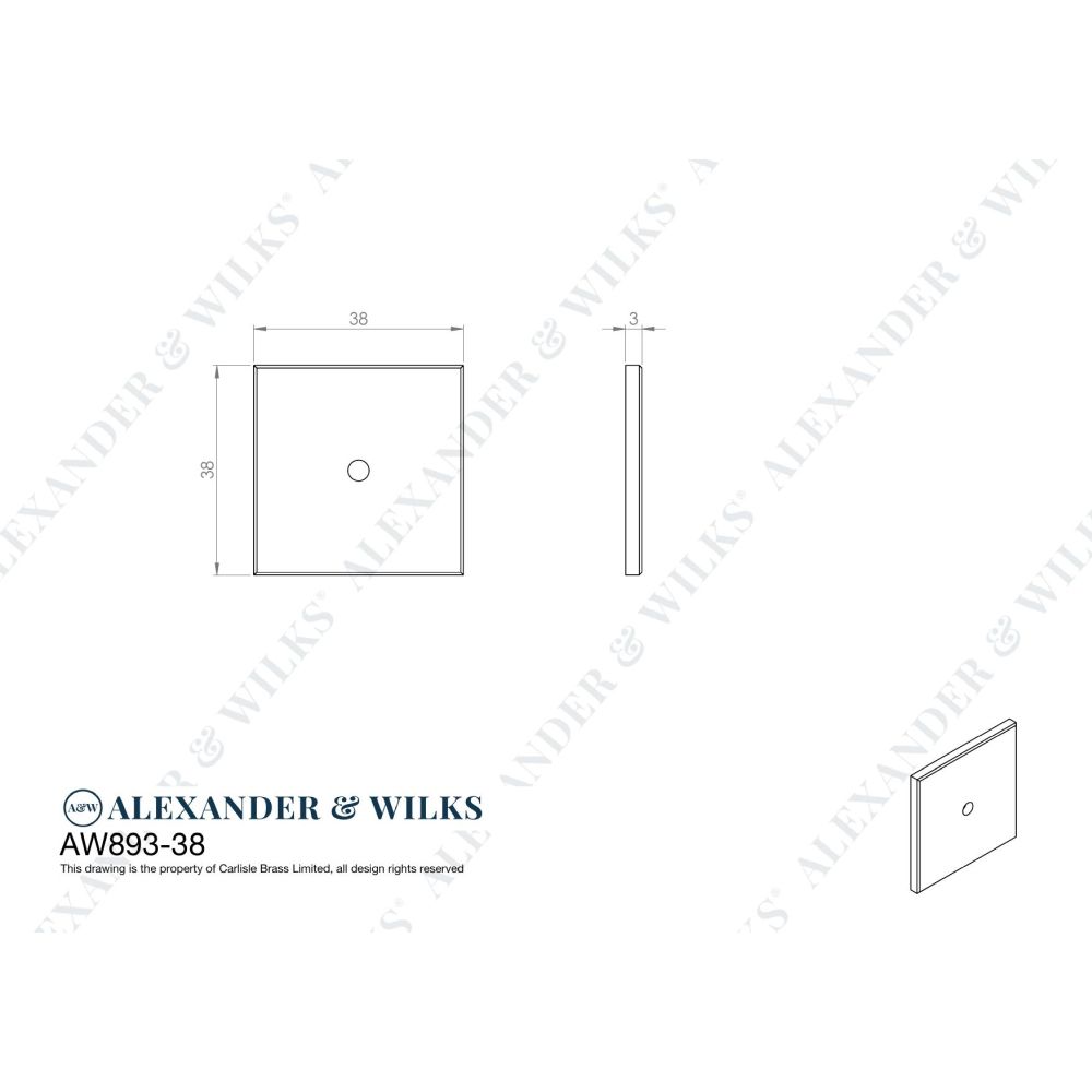 Line technical drawing image of Alexander & Wilks Quantock Square Backplate - Satin Chrome | Sku. aw893-38-sc | Trade Door Handles.