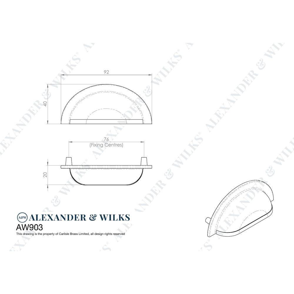 Line technical drawing image of Alexander & Wilks Bardom Ridged Cabinet Cup Pull - Satin Nickel | Sku. aw903sn | Trade Door Handles.