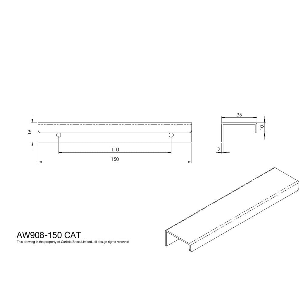 Line technical drawing image of Alexander & Wilks - Tilly Finger Pull - 150mm Polished Chrome | Sku. aw908-150-pc | Trade Door Handles.