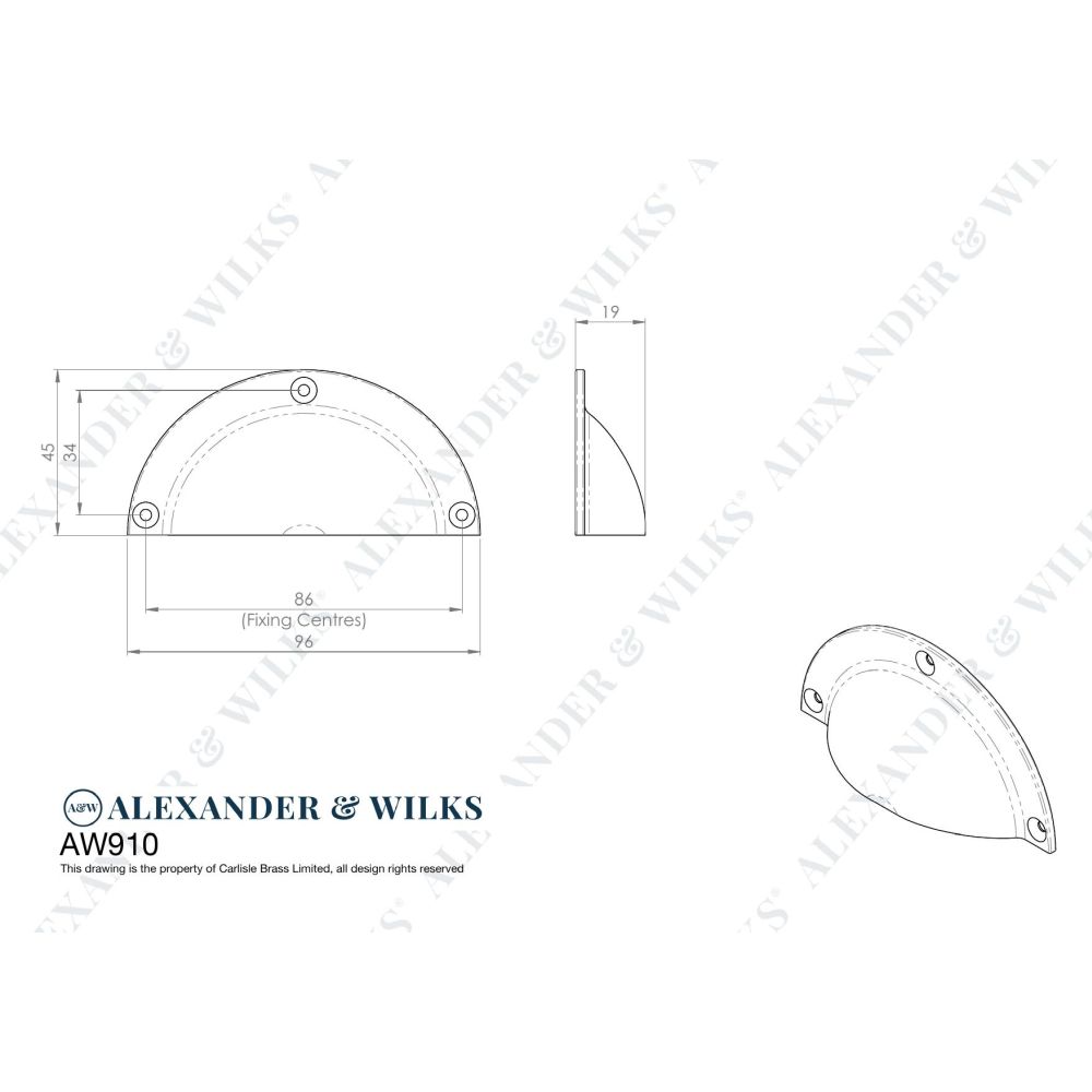 Line technical drawing image of Alexander & Wilks Raoul Cup Handle - Polished Chrome | Sku. aw910pc | Trade Door Handles.