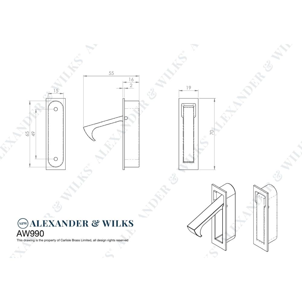 Line technical drawing image of Alexander & Wilks - Square Sliding Door Edge Pull - Satin Brass PVD | Sku. aw990sbpvd | Trade Door Handles.