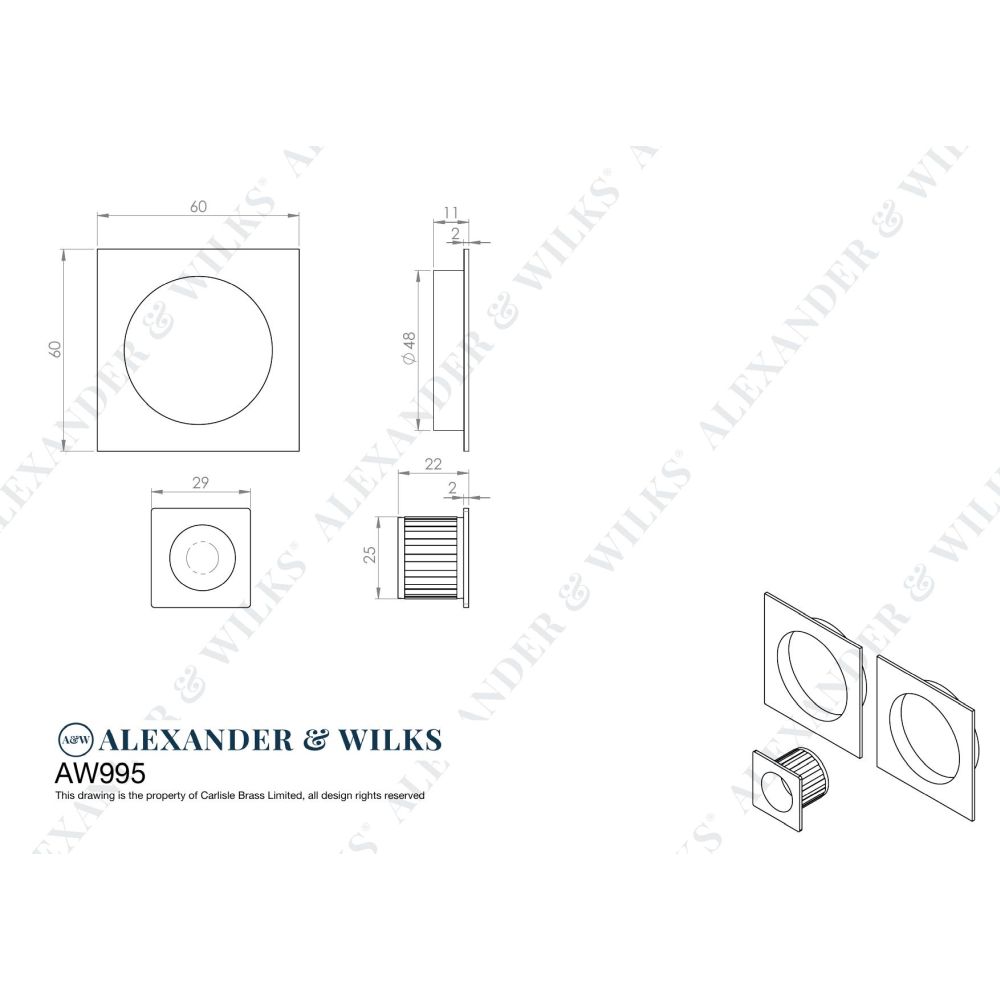 Line technical drawing image of Alexander & Wilks - Square sliding door pull kit-Satin Chrome | Sku. aw995sc | Trade Door Handles.