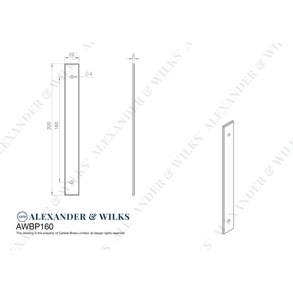Line technical drawing image of Alexander & Wilks - Rectangular Cabinet Pull Backplate 200X22X3mm - 160mm C/C - Antique Brass | Sku. awbp160ab | Trade Door Handles.