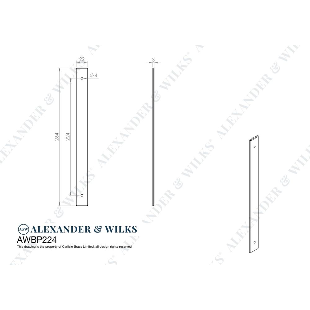 Line technical drawing image of Alexander & Wilks - Rectangular Cabinet Pull Backplate-Dark Bronze Pvd-264X22X3mm - 224mm C/C | Sku. awbp224dbzpvd | Trade Door Handles.