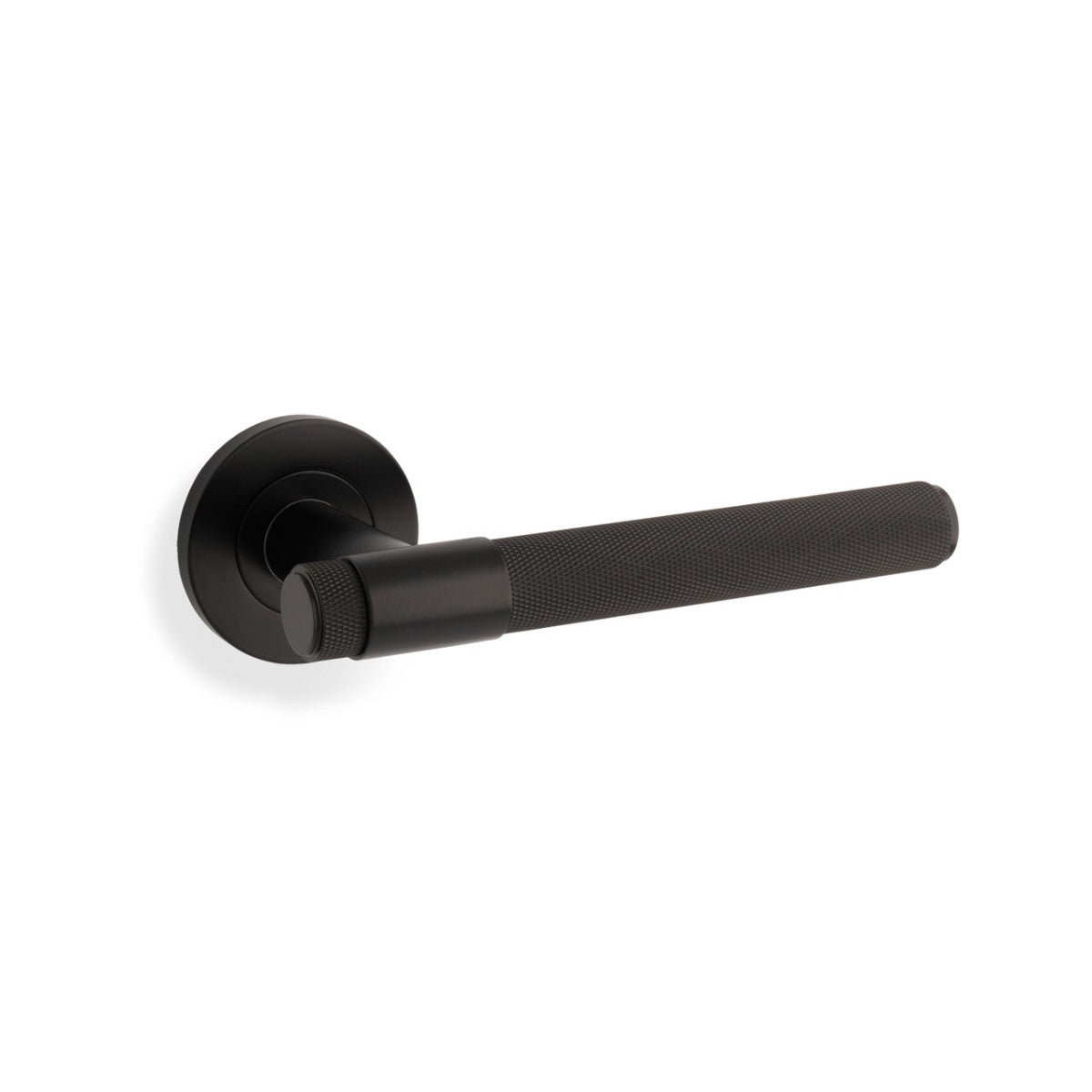 High quality image of Alexander & Wilks - Knurled Kingstone Lever on Round Rose - Black | Sku. aw240bl | Trade Door Handles.