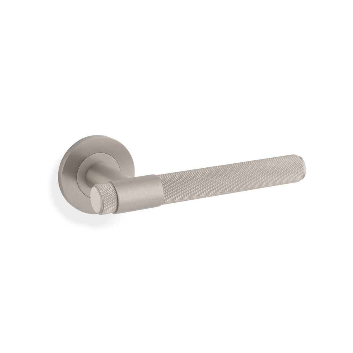 High quality image of Alexander & Wilks - Knurled Kingstone Lever on Round Rose - Satin Nickel PVD | Sku. aw240snpvd | Trade Door Handles.