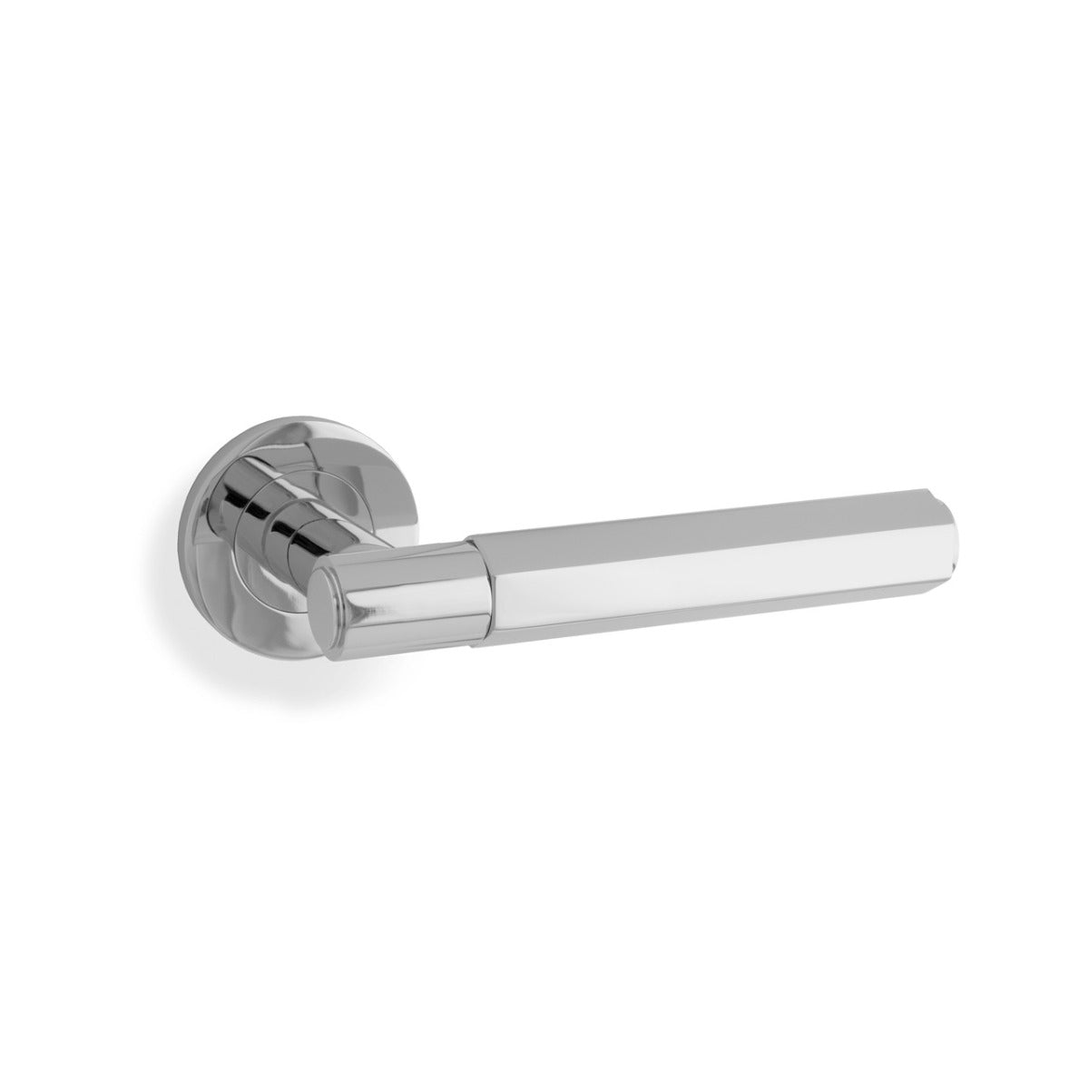 High quality image of Alexander & Wilks - Spitfire Hex Lever on Round Rose - Polished Chrome | Sku. aw224pc | Trade Door Handles.