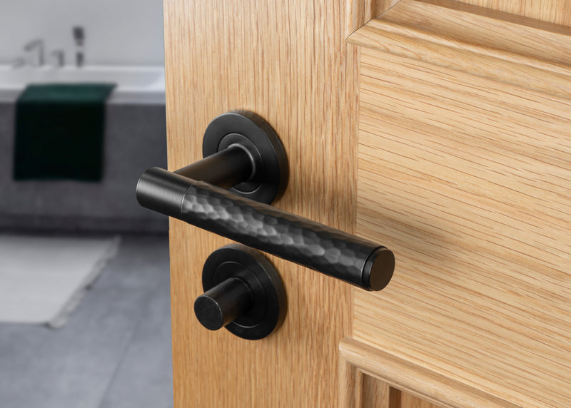 Alexander and Wilks Door Handles on Rose and bathroom turn in Matt Black AW223BL_AW793BL