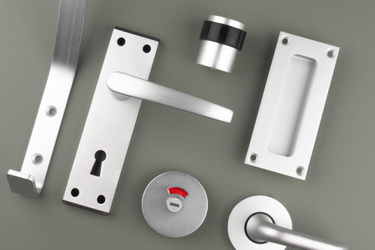 Image showing a range of EuroSpec Aluminium Ironmongery and Hardware.  Available to order from Trade Door Handles in Kendal