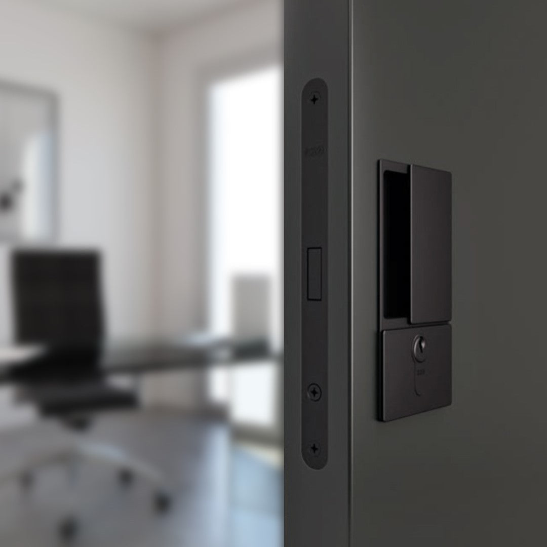 Quality image of AGB Wave Flush Pocket Door Handle & Euro Profile Lock Set - Matt Black | Sku. agbwepdmb | available from Trade Door Handles.