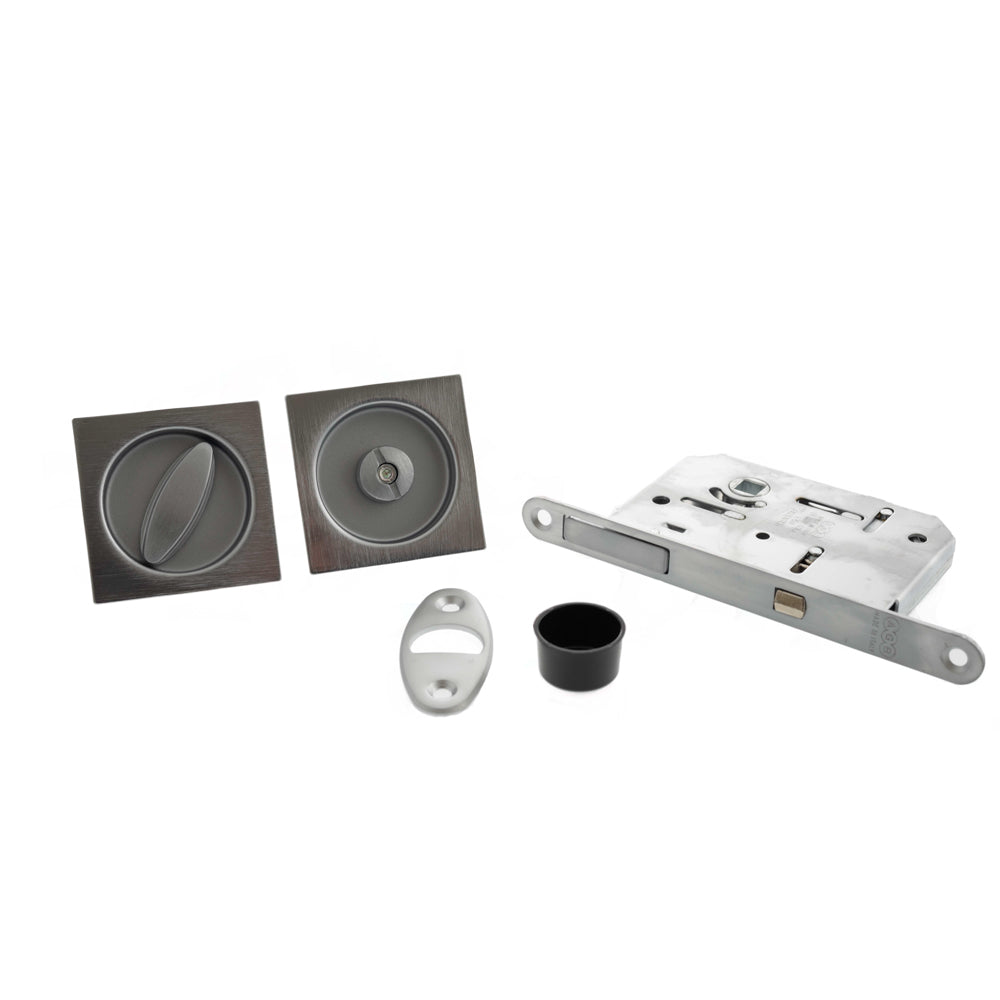 Quality image of AGB Sliding Door Bathroom Lock Set with Square Flush Handle - Satin Chrome | Sku. b046515034 | available from Trade Door Handles.