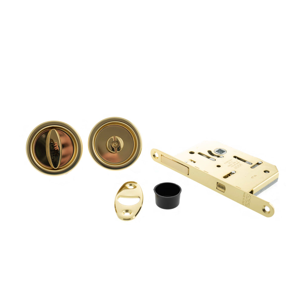 Quality image of AGB Sliding Door Bathroom Lock Set with Round Flush Handle - Polished Brass | Sku. b046815003 | available from Trade Door Handles.