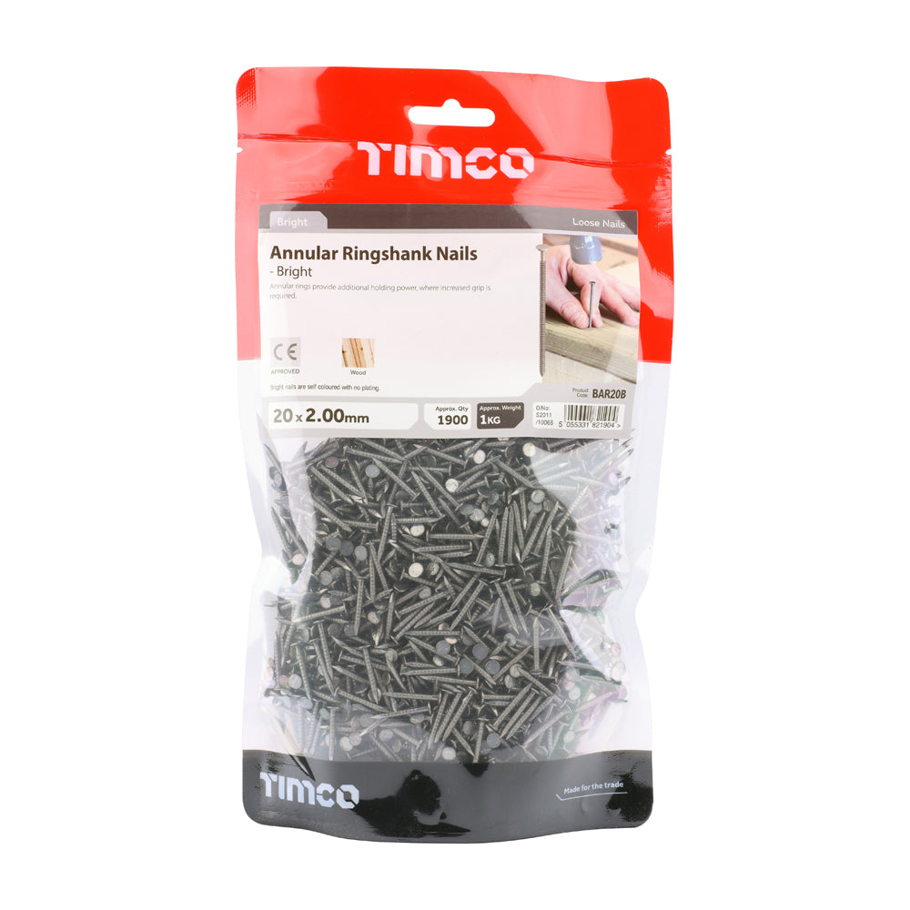 This is an image of Timco - Annular Ringshank Nails - Bright 20 x 2.00mm (1 Kg TIMbag) BAR20B