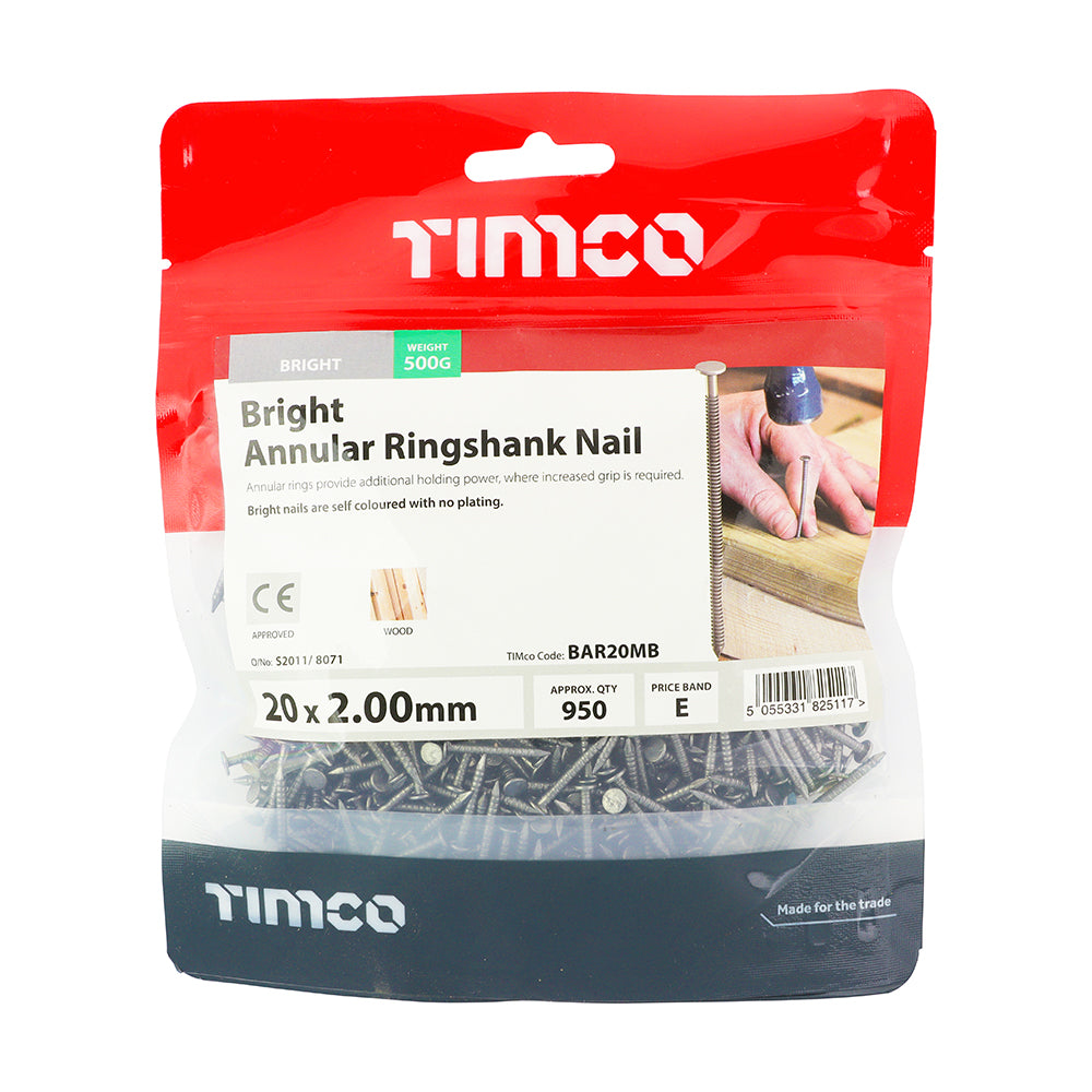 This is an image of Timco - Annular Ringshank Nails - Bright 20 x 2.00mm (0.5 Kg TIMbag) BAR20MB