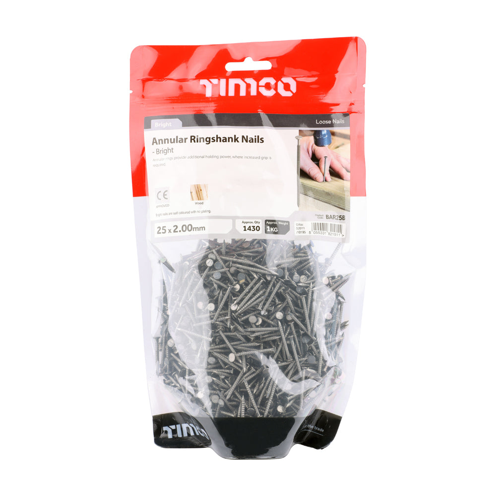 This is an image of Timco - Annular Ringshank Nails - Bright 25 x 2.00mm (1 Kg TIMbag) BAR25B