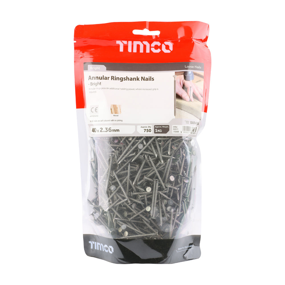 This is an image of Timco - Annular Ringshank Nails - Bright 40 x 2.36mm (1 Kg TIMbag) BAR40B
