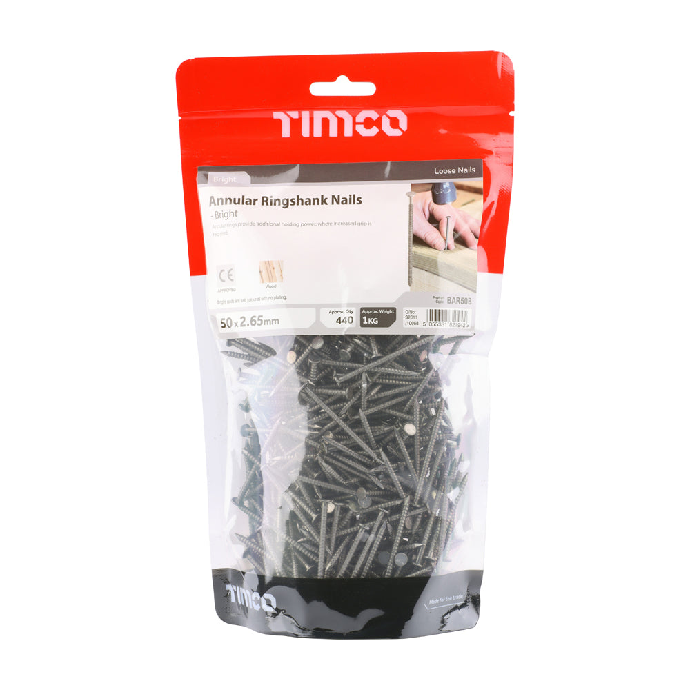 This is an image of Timco - Annular Ringshank Nails - Bright 50 x 2.65mm (1 Kg TIMbag) BAR50B