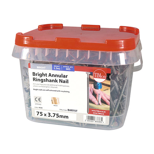 This is an image of Timco - Annular Ringshank Nails - Bright 75 x 3.75mm (2.5 Kg TIMtub) BAR75T