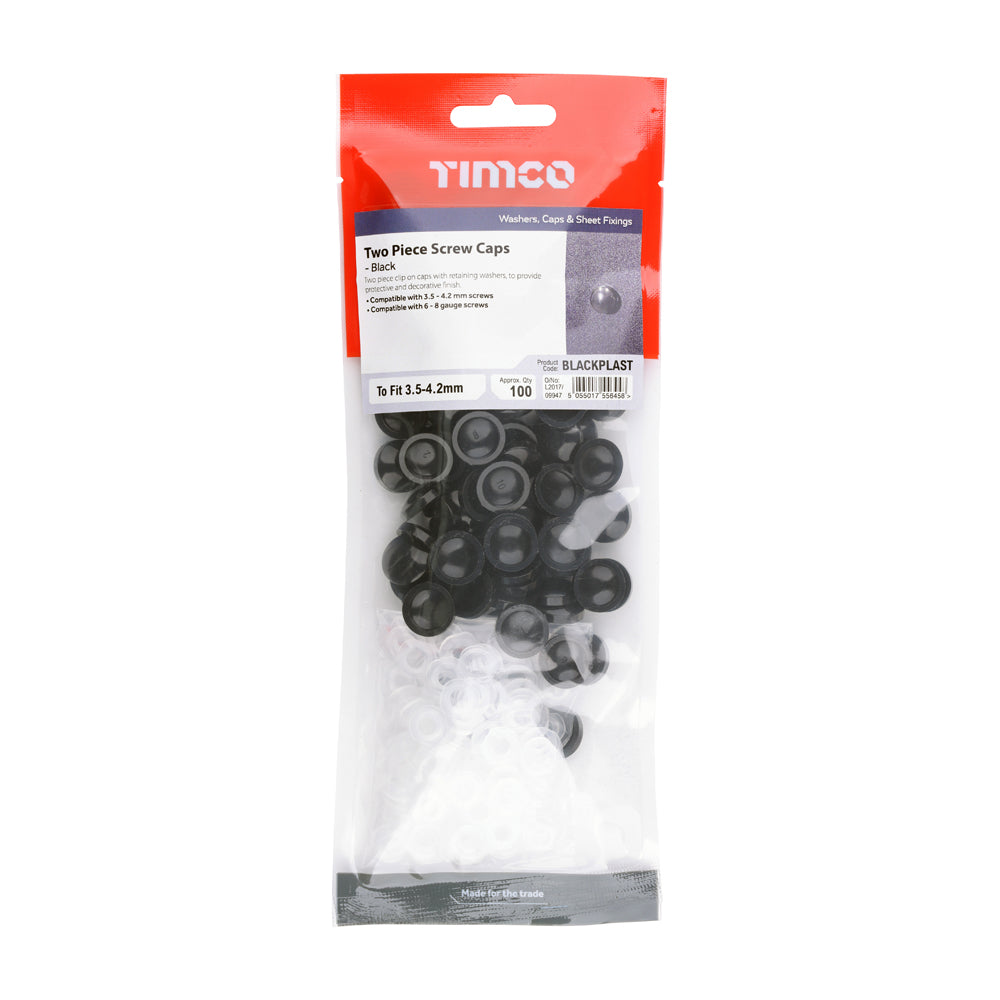 This is an image of Timco - Two Piece Screw Caps - Black To fit 3.5 to 4.2 Screw - (100 PCS TIMpac) BLACKPLAST