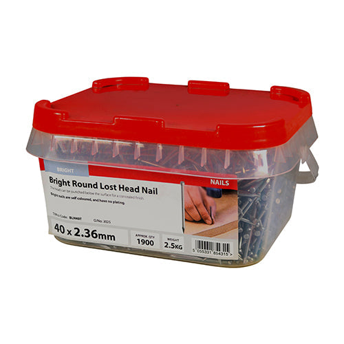 This is an image of Timco - Round Lost Head Nails - Bright 40 x 2.36mm (2.5 Kg TIMtub) BLH40T
