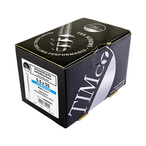 This is an image of Timco - Metal Construction Timber to Heavy Section Screws - Countersunk - Wing-Tip - Self-Drilling - Exterior - Silver Organic 5.5 x 55mm - (200 PCS Box) BMHW55