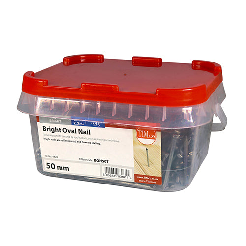 This is an image of Timco - Oval Nails - Bright 50mm (2.5 Kg TIMtub) BON50T