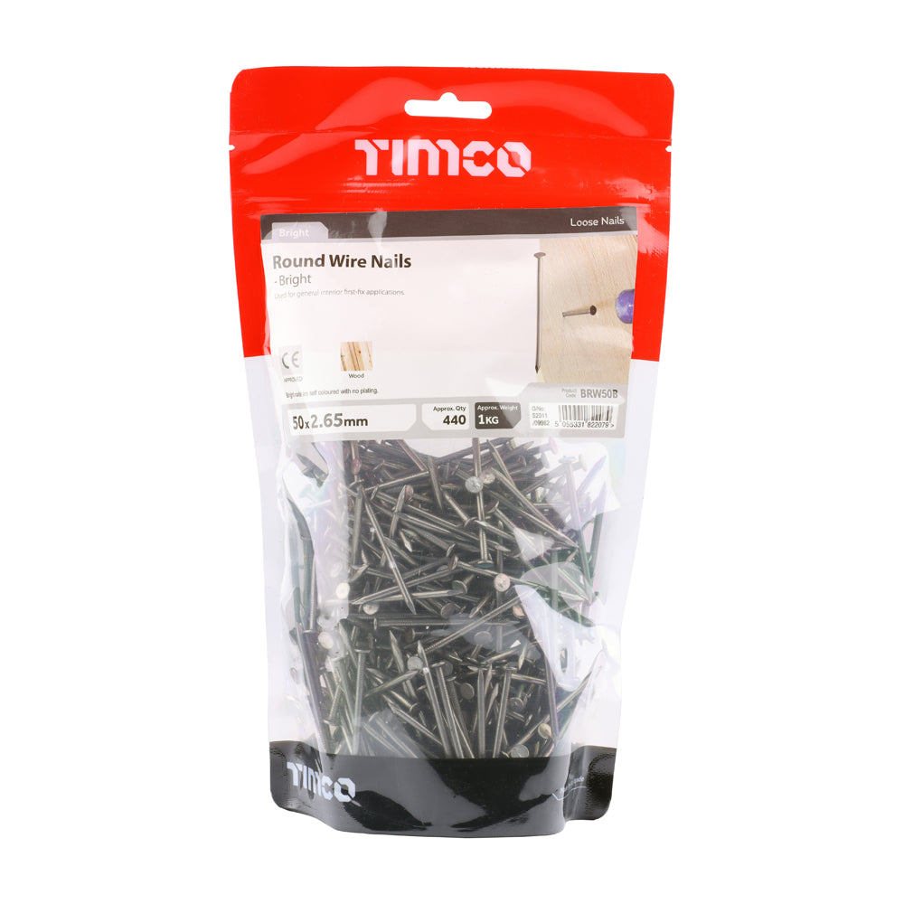 This is an image of Timco - Round Wire Nails - Bright 50 x 2.65mm (1 Kg TIMbag) BRW50B