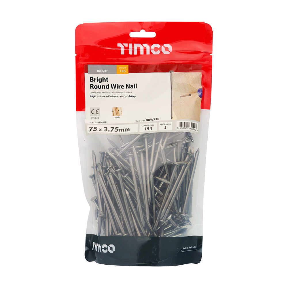 This is an image of Timco - Round Wire Nails - Bright 75 x 3.75mm (1 Kg TIMbag) BRW75B