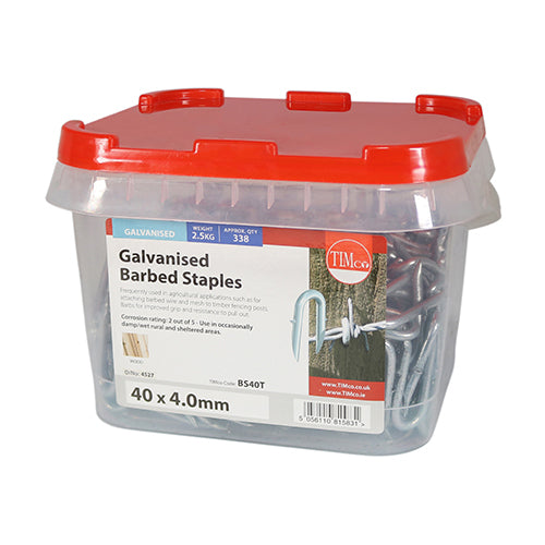 This is an image of Timco - Barbed Staples - Galvanised 40 x 4.00mm (2.5 Kg TIMtub) BS40T
