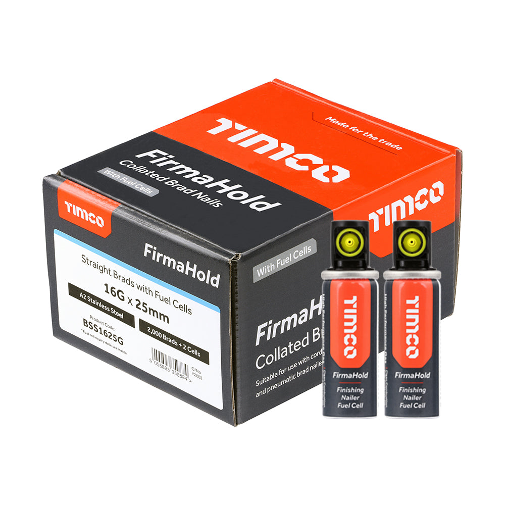 This is an image of Timco - FirmaHold Collated Brad Nails & Fuel Cells - 16 Gauge - Straight - A2 Stainless Steel 16g x 25mm/2BFC (2000 PCS Box) BSS1625G