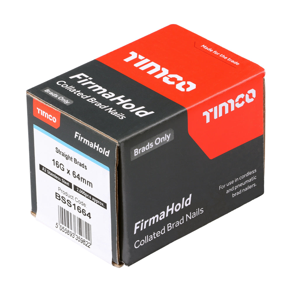 This is an image of Timco - FirmaHold Collated Brad Nails - 16 Gauge - Straight - A2 Stainless Steel 16g x 64mm (2000 PCS Box) BSS1664