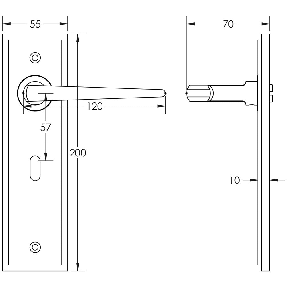Technical drawing of of Burlington - Mayfair Door Handle Lock Backplate Satin Nickel Sku. BUR10KIT321