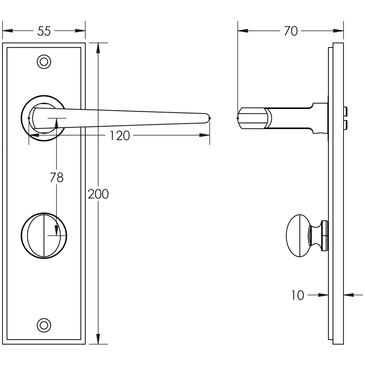 Technical drawing of of Burlington - Mayfair Door Handle Din Bathroom Backplate Antique Brass & Turn & Release Sku. BUR-10AB-456AB-80AB