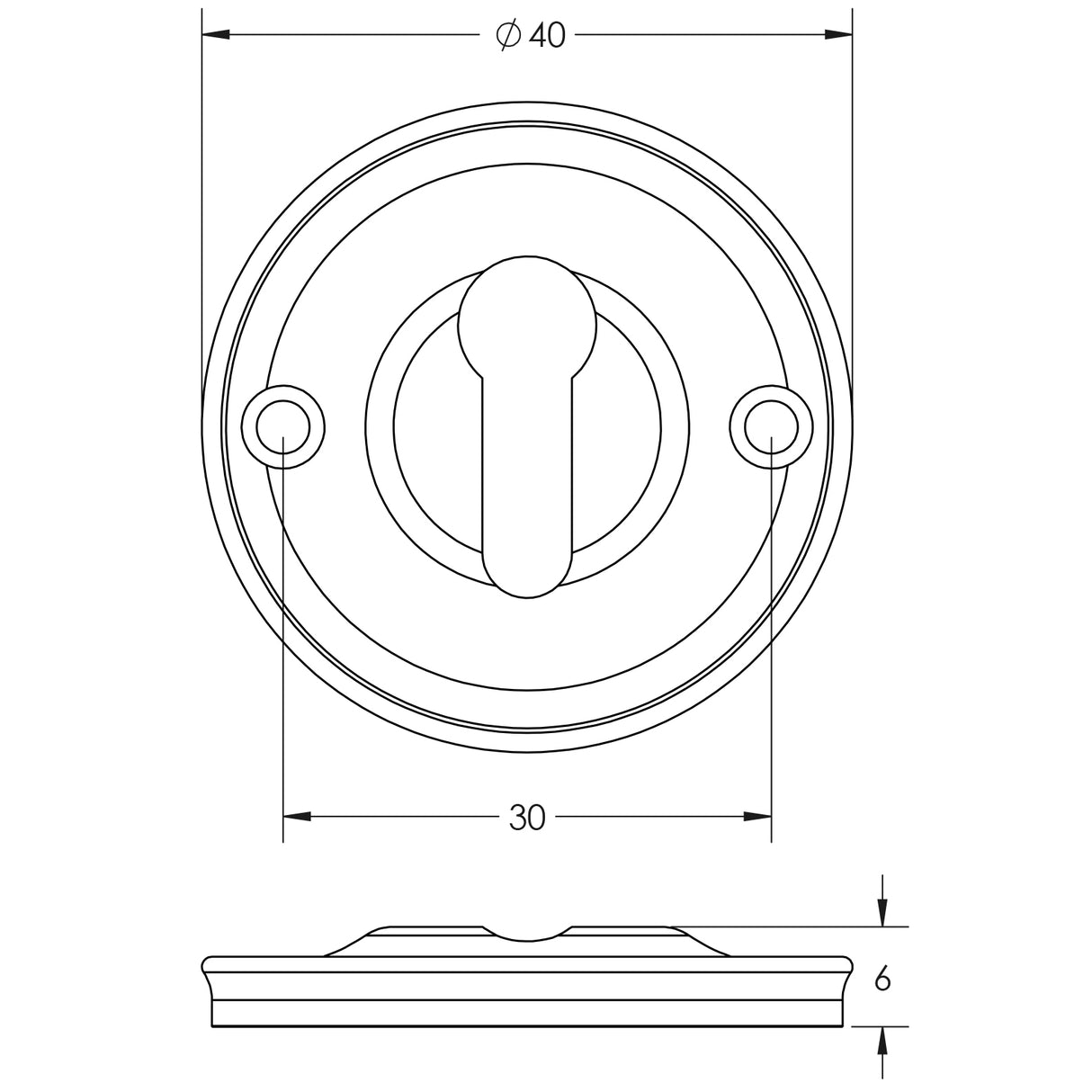 Technical drawing of of Burlington - 40mm Standard Keyway Escutcheon 40MM Polished Nickel Sku. BUR121PN