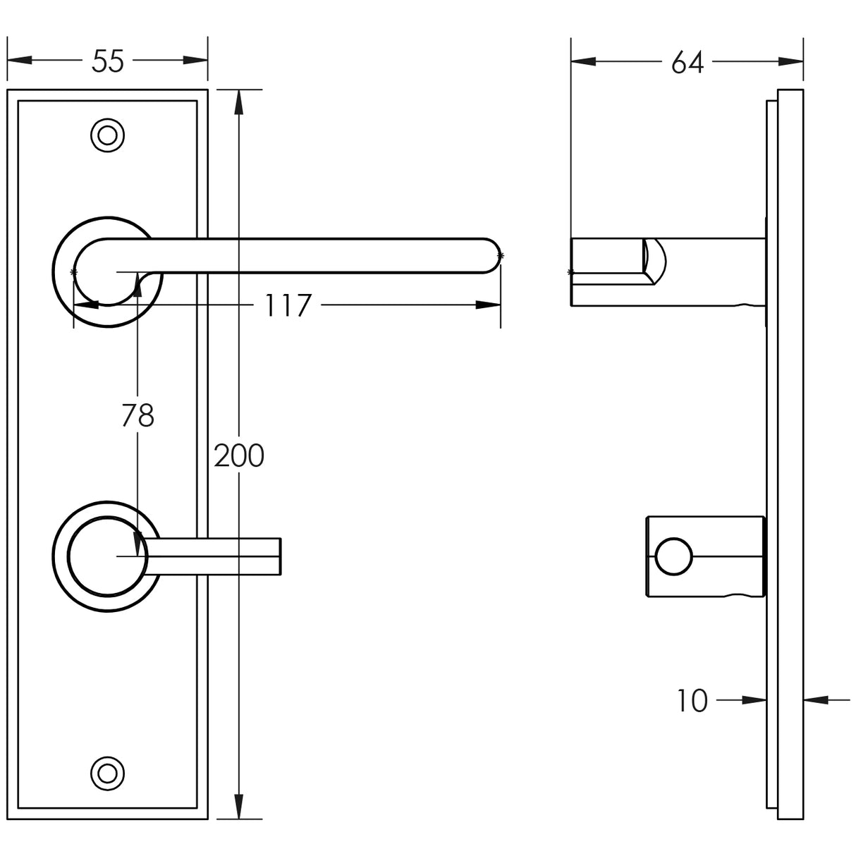 Technical drawing of of Burlington - Fitzrovia Door Handle Din Bathroom Backplate Satin Brass & Turn & Release Sku. BUR-15SB-456SB-82SB