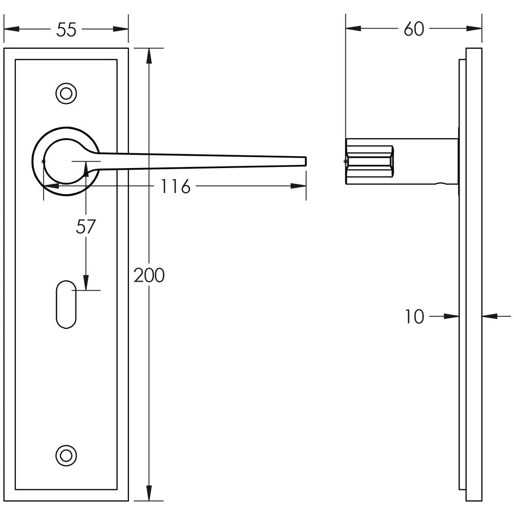 Technical drawing of of Burlington - Knightbridge Door Handle Lock Backplate Satin Brass Sku. BUR20KIT243