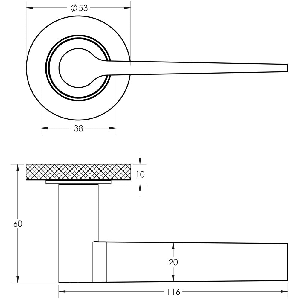 Technical drawing of of Burlington - Knightsbridge Door Handle on Knurled Rose Satin Brass Sku. BUR20KIT239