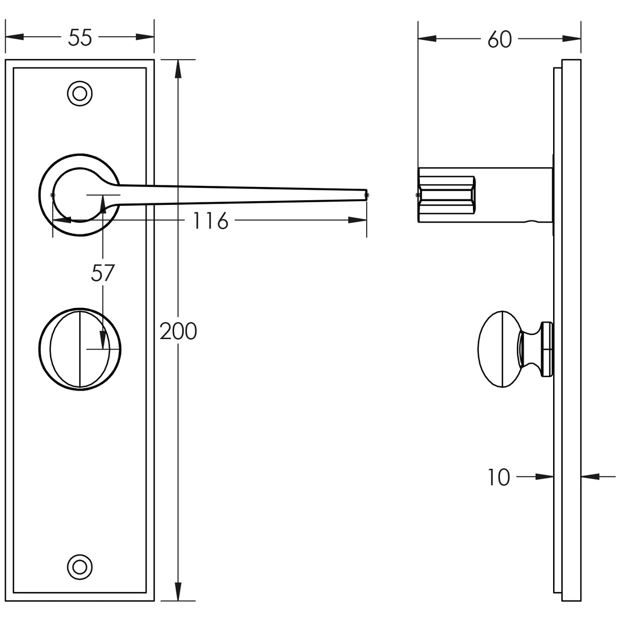 Technical drawing of of Burlington - Knightsbridge Door Handle Bathroom Backplate Satin Nickel & Turn & Release Sku. BUR-20SN-453SN-80SN
