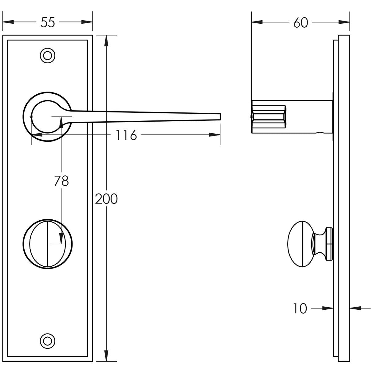 Technical drawing of of Burlington - Knightsbridge Door Handle Din Bathroom Backplate Satin Brass & Turn & Release Sku. BUR-20SB-456SB-80SB