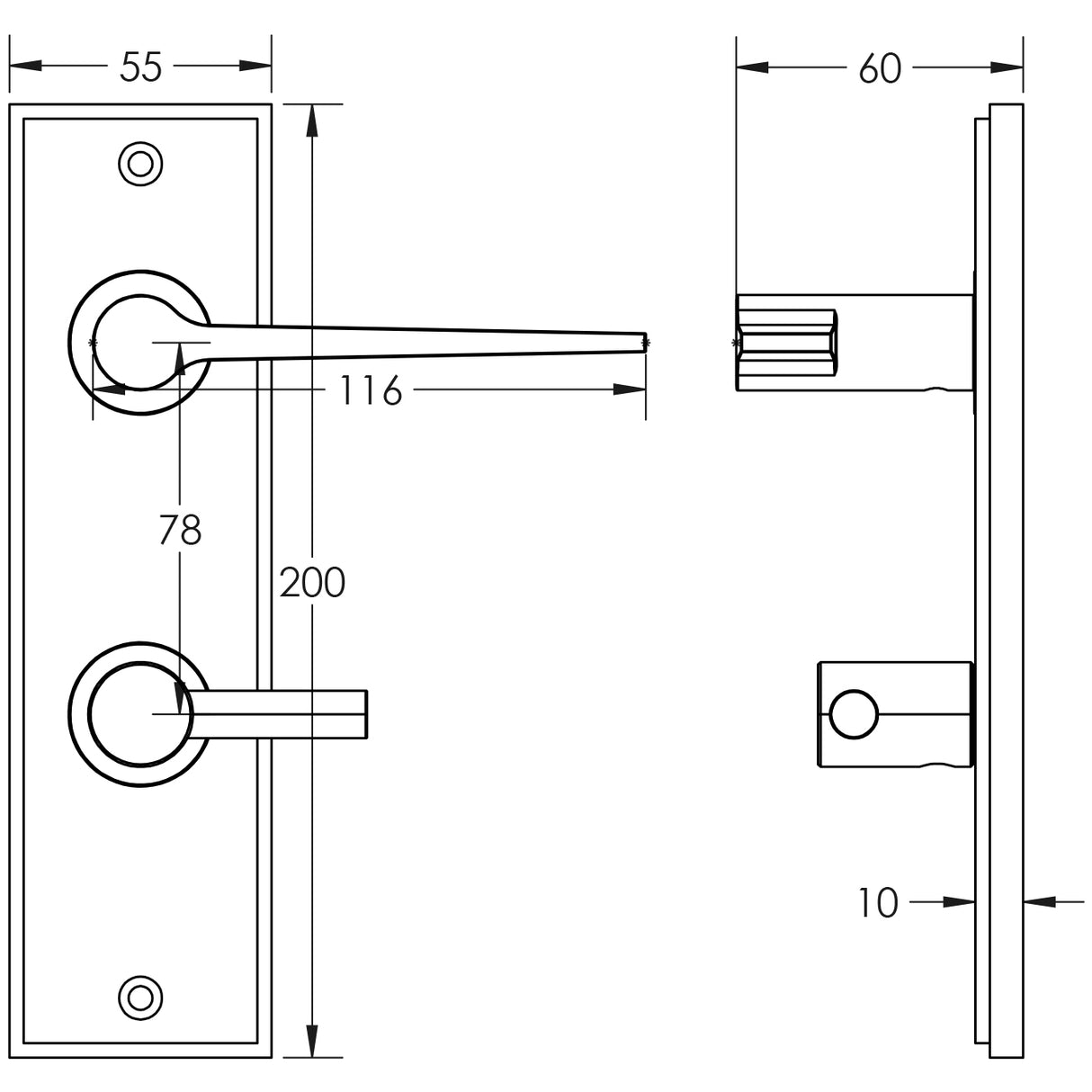 Technical drawing of of Burlington - Knightsbridge Door Handle Din Bathroom Backplate Satin Brass & Turn & Release Sku. BUR-20SB-456SB-82SB