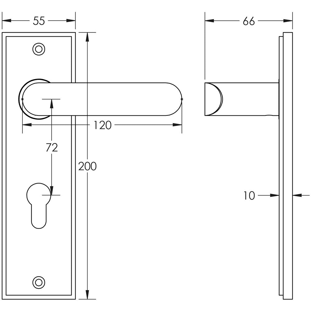 Technical drawing of of Burlington - Kensington Door Handle Din Euro Backplate Polished Nickel Sku. BUR25KIT168