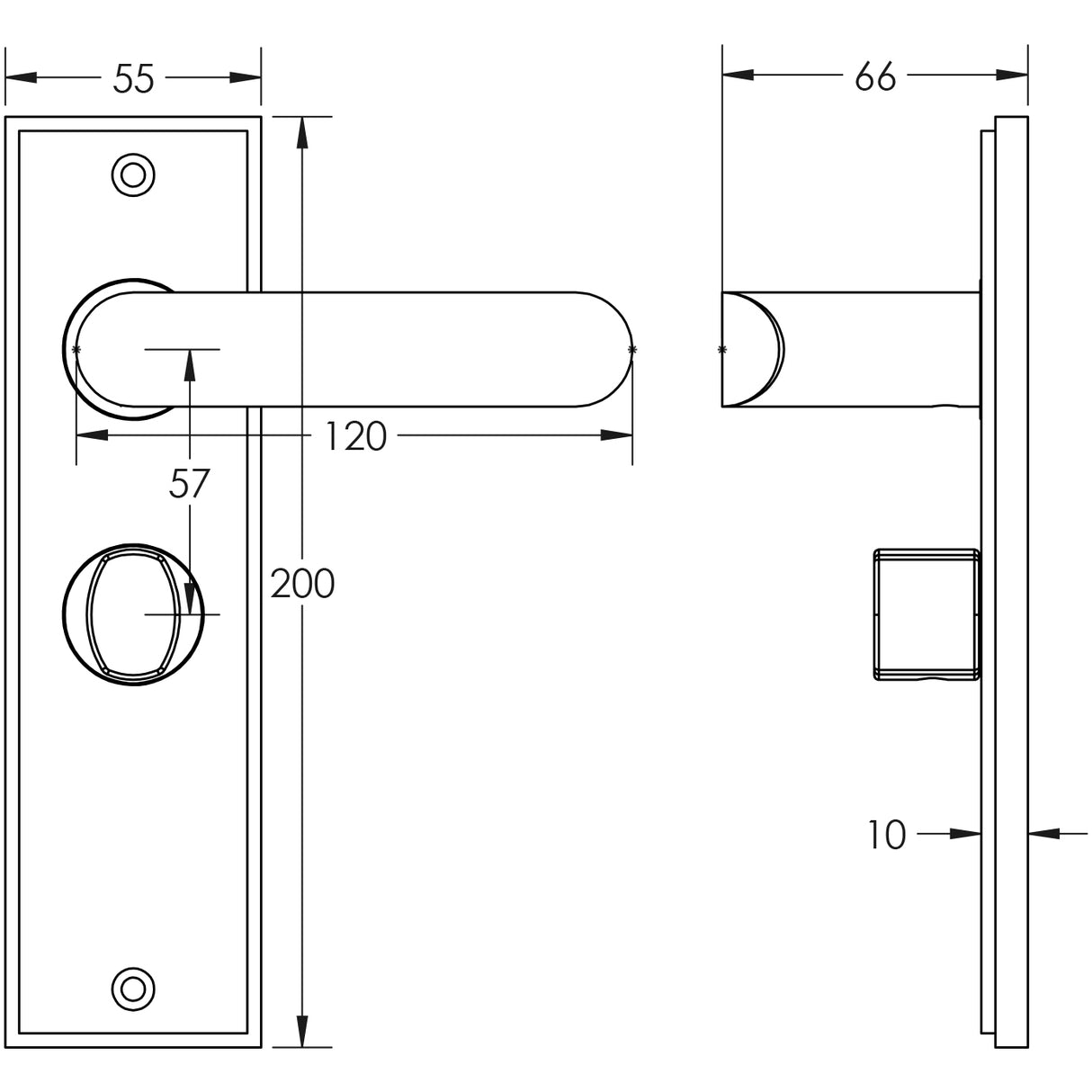 Technical drawing of of Burlington - Kensington Door Handle Bathroom Backplate Satin Nickel & Turn & Release Sku. BUR-25SN-453SN-81SN