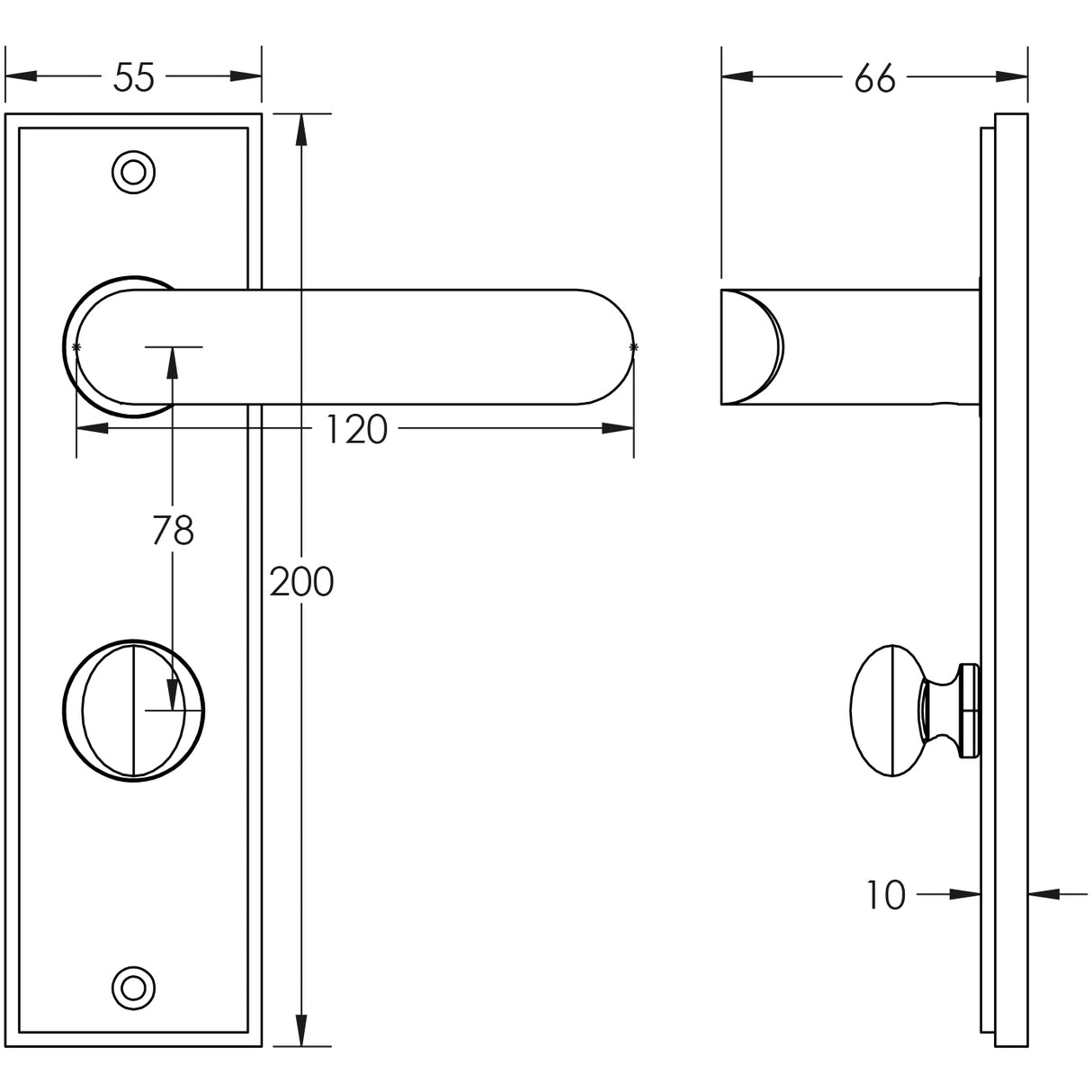 Technical drawing of of Burlington - Kensington Door Handle Din Bathroom Backplate Satin Nickel & Turn & Release Sku. BUR-25SN-456SN-80SN