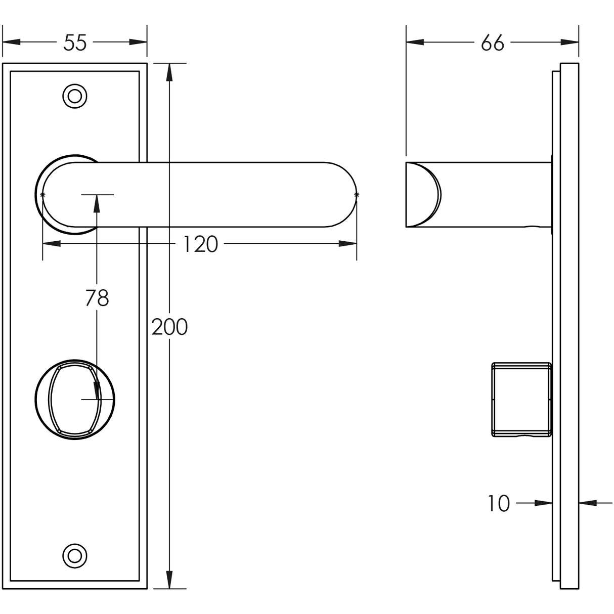 Technical drawing of of Burlington - Kensington Door Handle Din Bathroom Backplate Satin Nickel & Turn & Release Sku. BUR-25SN-456SN-81SN