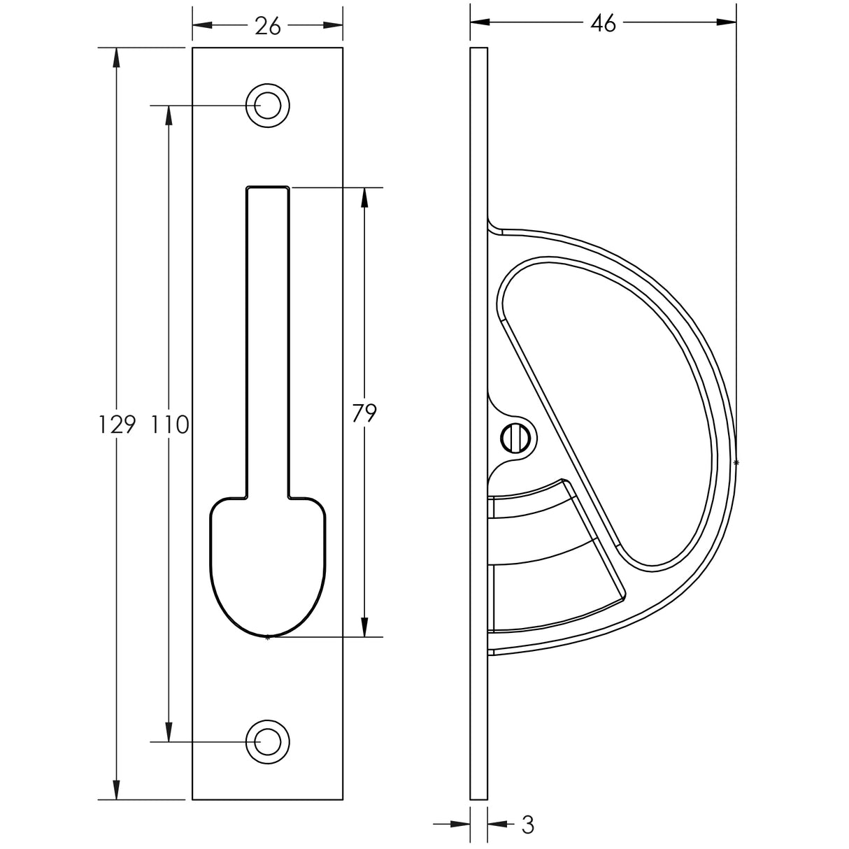 Technical drawing of of Burlington - Sliding Door Edge Pull Satin Brass Sku. BUR280SB