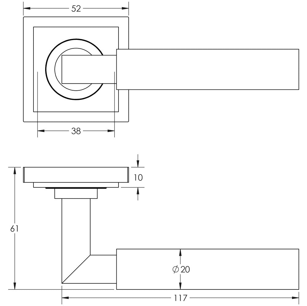 Technical drawing of of Burlington - Westminster Door Handles Square Stepped Satin Brass Sku. BUR30KIT241