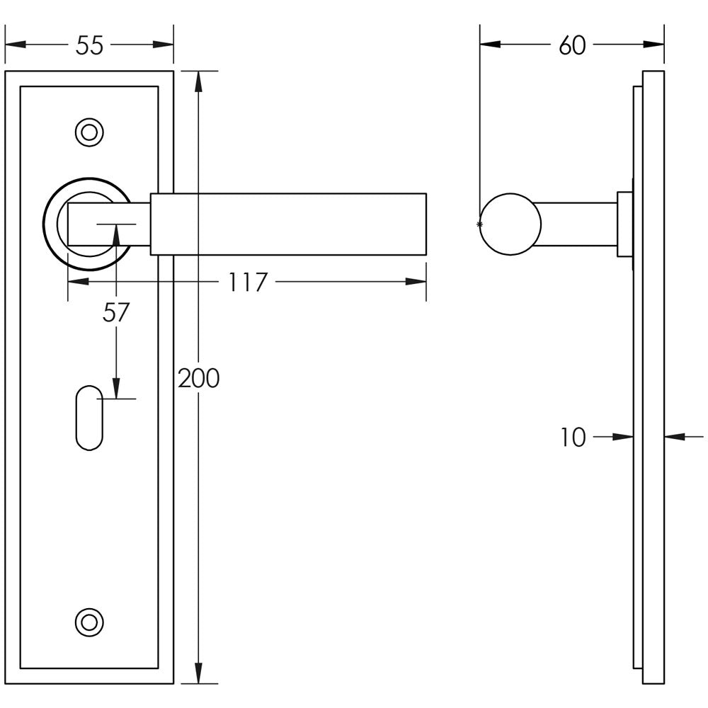 Technical drawing of of Burlington - Westminster Door Handle Lock Backplate Satin Brass Sku. BUR30KIT243