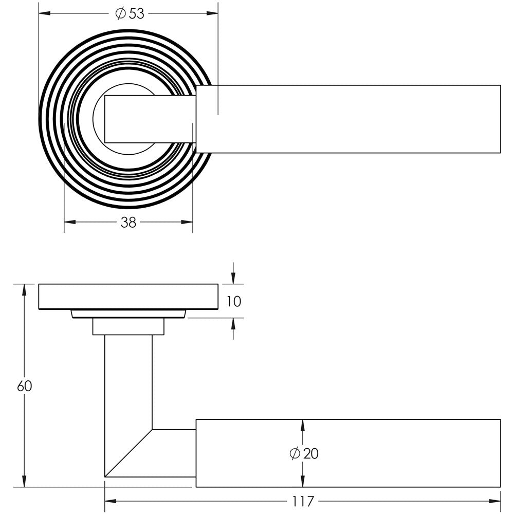 Technical drawing of of Burlington - Westminster Door Handles Reeded Rose Satin Brass Sku. BUR30KIT238